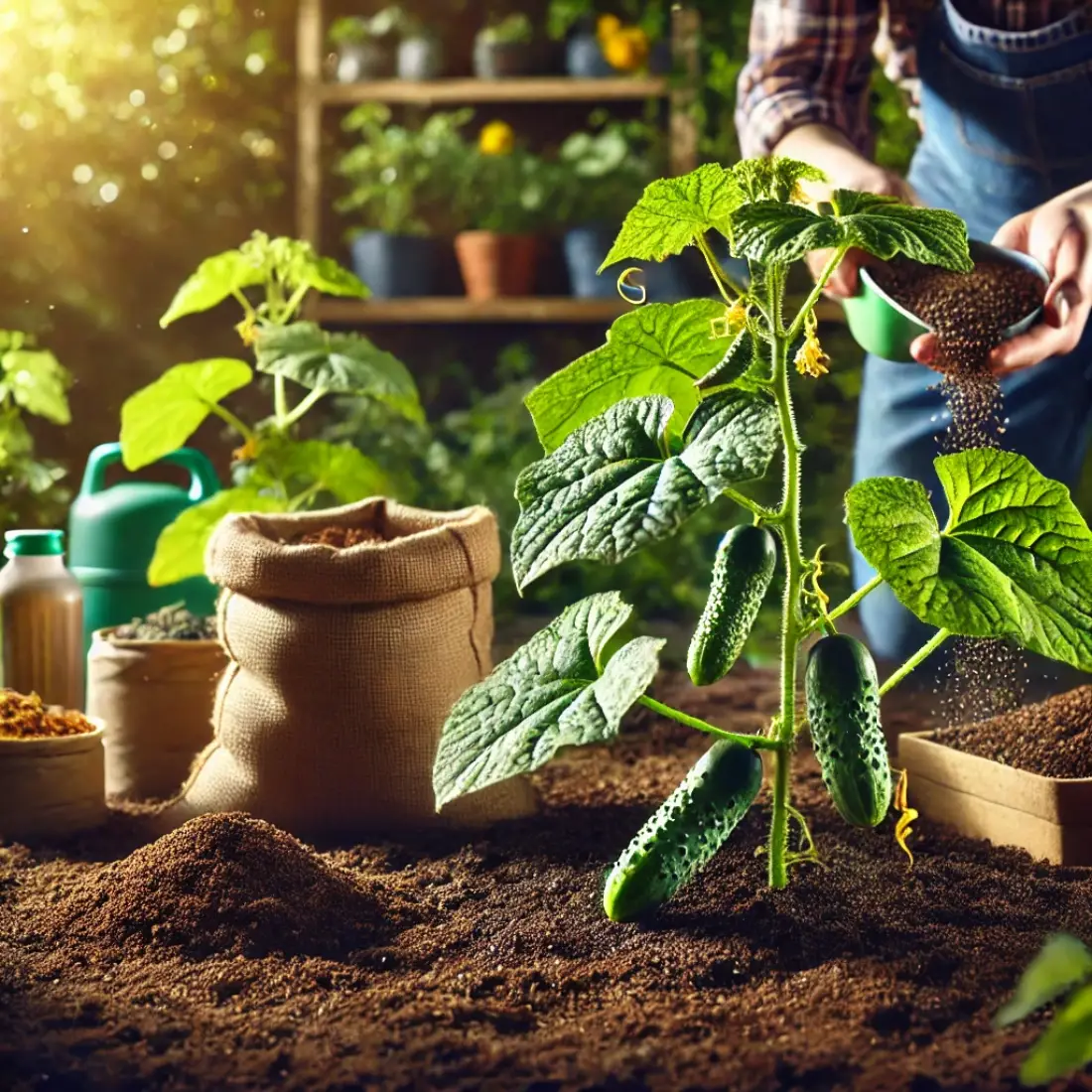 A vibrant garden scene featuring thriving cucumber plants, surrounded by bags of organic fertilizers with no labels, in warm sunlight.