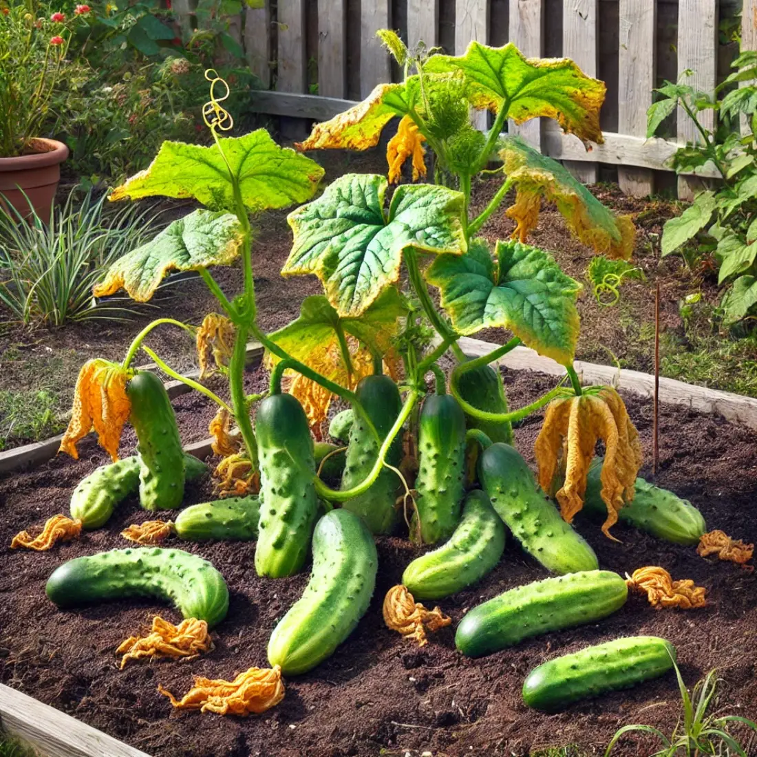 Backyard garden with struggling cucumber plants showing yellowing leaves, weeds, and misshapen cucumbers.