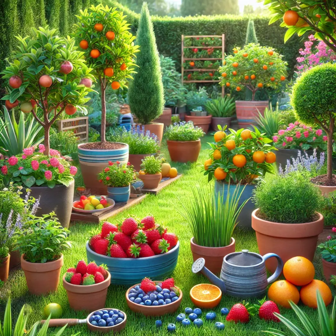 Small lush garden with strawberries, blueberries, citrus, and dwarf fruit trees in colorful containers, surrounded by gardening tools and a seating area.