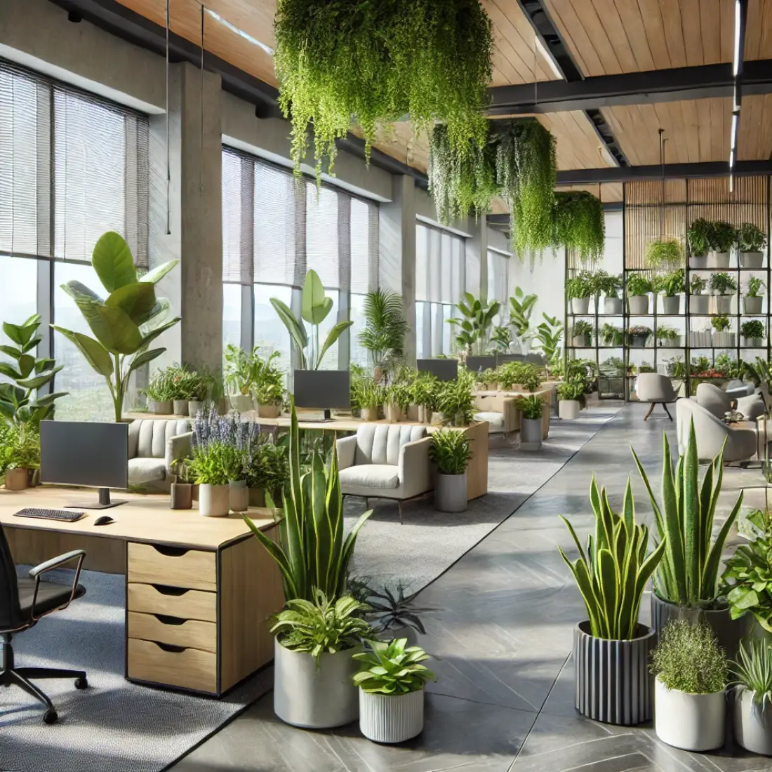 A contemporary office with large windows and natural light, featuring indoor plants including Snake Plants, ZZ Plants, Spider Plants, Pothos, Peace Lilies, Succulents, a Fiddle Leaf Fig, and Lavender on desks and window sills.