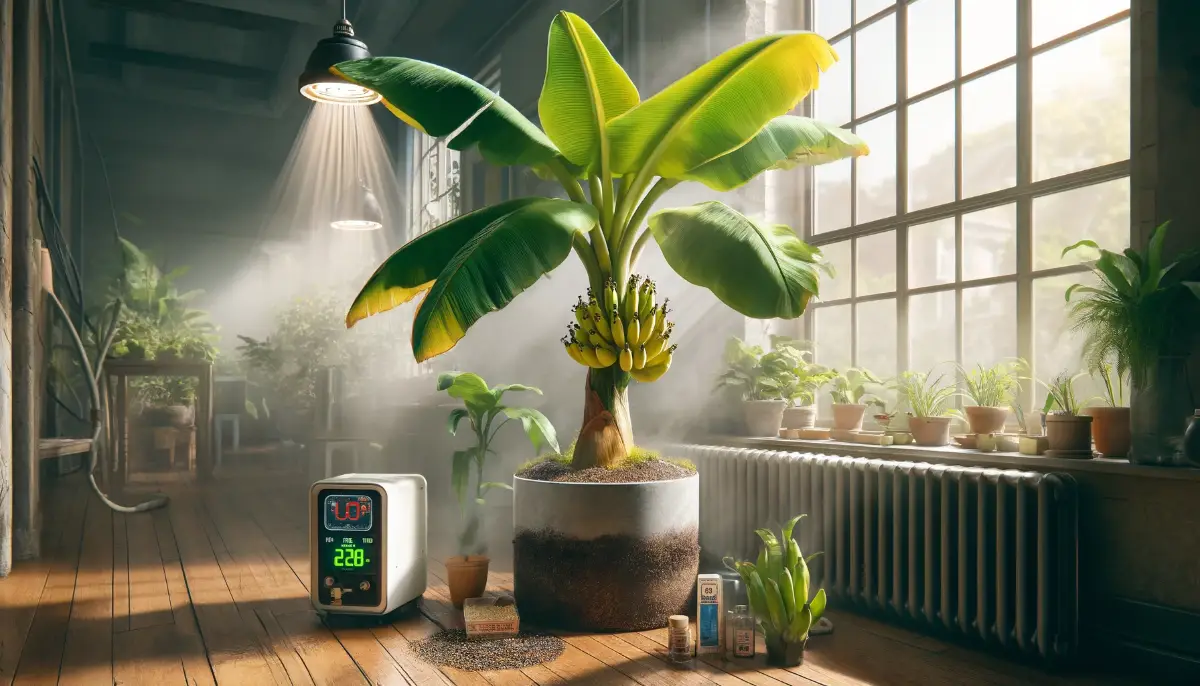 Realistic scene of a Dwarf Cavendish banana tree indoors, with lush leaves and bananas, supplemented by grow lights and organic fertilizers, exuding a tropical ambiance.