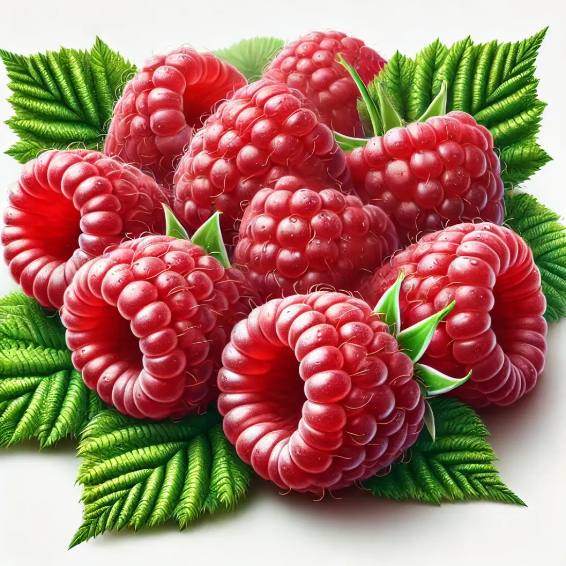 Close-up view of vibrant red raspberries with green leaves, highlighting their detailed texture and plump appearance.