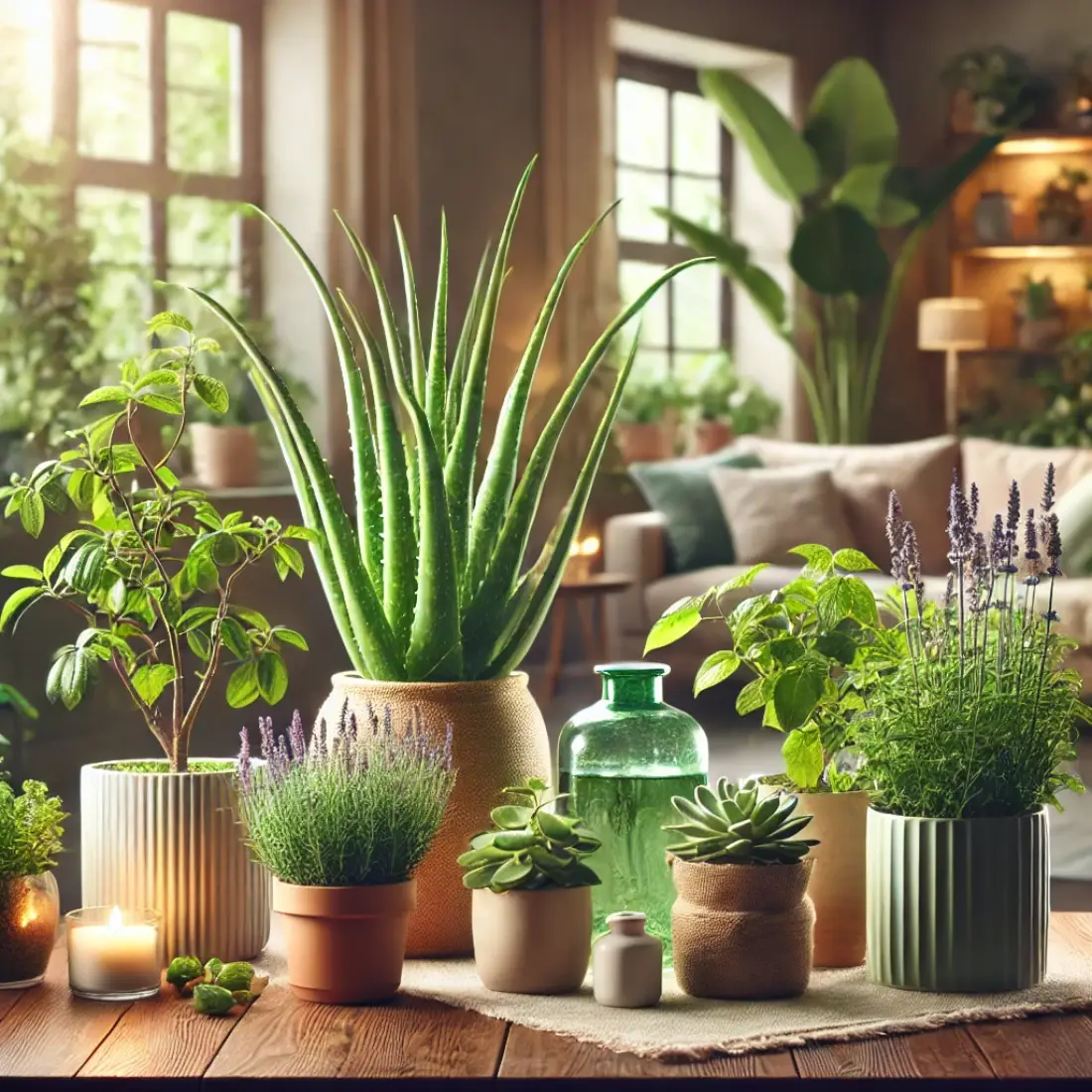 Cozy home setting with a well-lit indoor garden featuring lush aloe vera, lavender, peppermint, chamomile, and basil plants in stylish pots, enhancing tranquility.