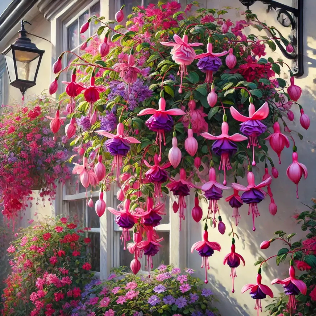 Trailing fuchsias with vibrant pink, purple, and red blooms cascading from hanging baskets and window boxes in a sunny garden setting.