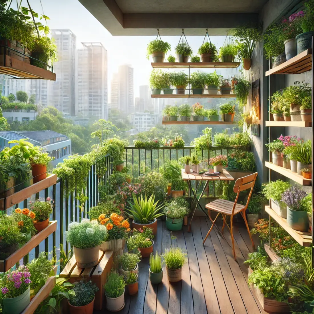 A vibrant balcony garden in a city, filled with herbs, flowers, and vegetables. Cozy seating and lush greenery contrast with the urban skyline.