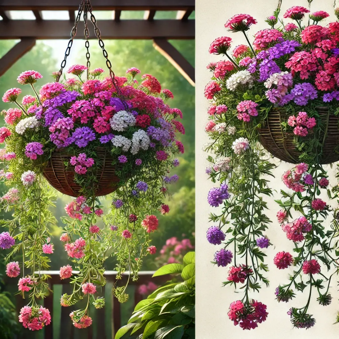 Hanging basket filled with trailing verbena flowers in pink, purple, red, and white, cascading down in full sun with lush green foliage.