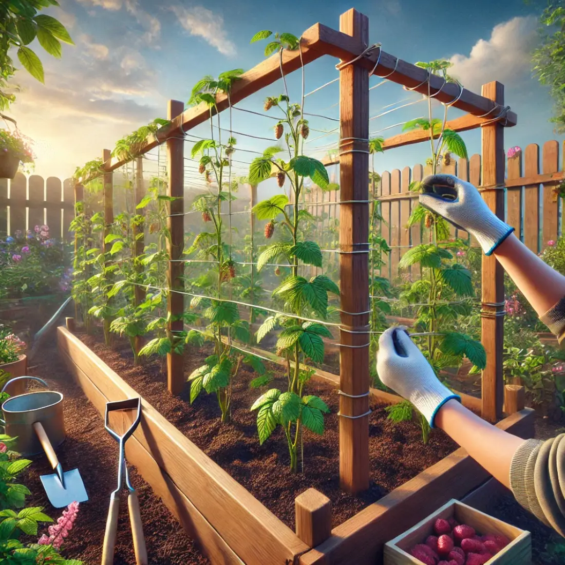 Gardener's hands tying lush green raspberry canes to a trellis system in a home garden, with rich soil, garden tools, and blooming flowers under a sunny sky.
