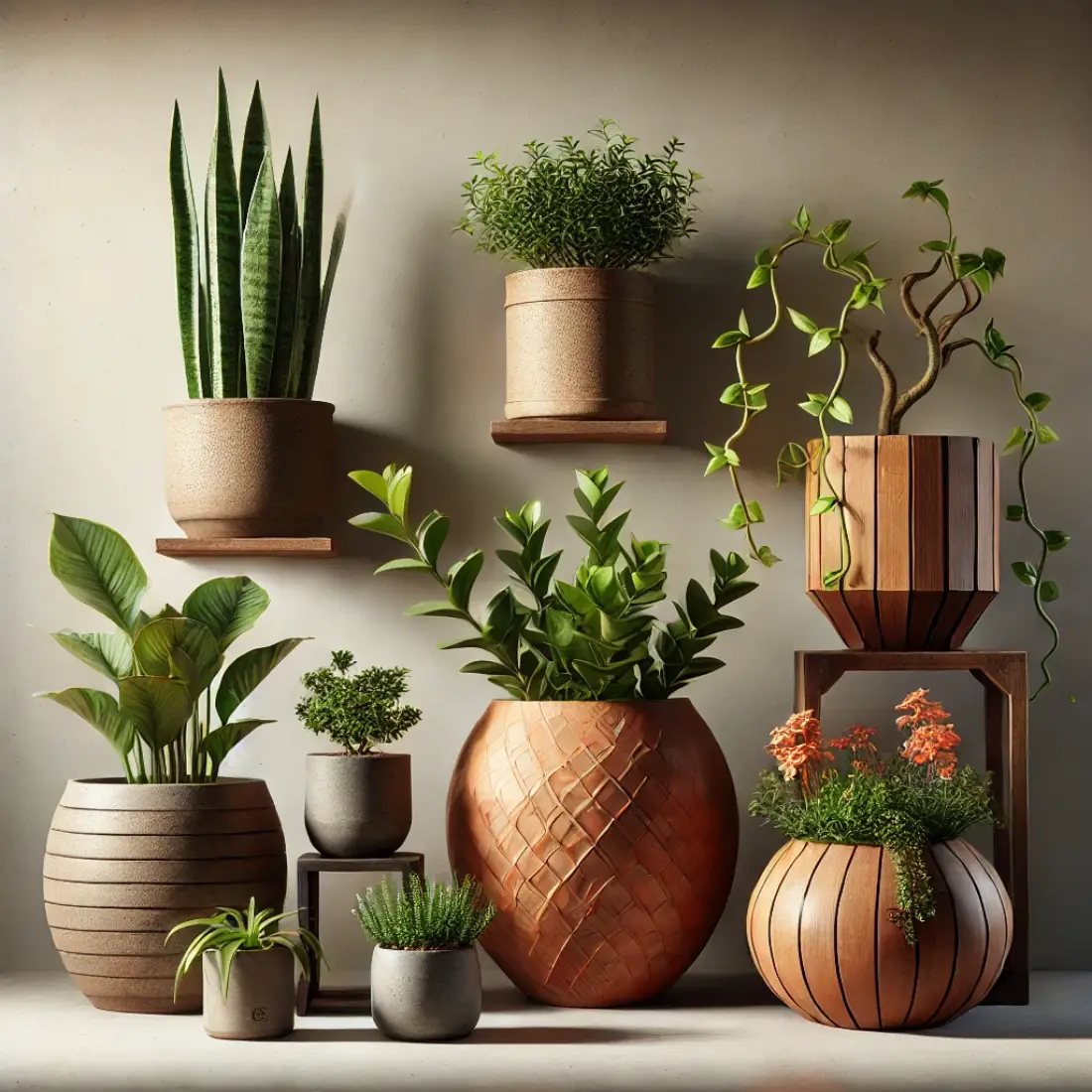 Realistic image featuring houseplants in terracotta, ceramic, wooden, and biodegradable pots, highlighting their benefits and aesthetic appeal.