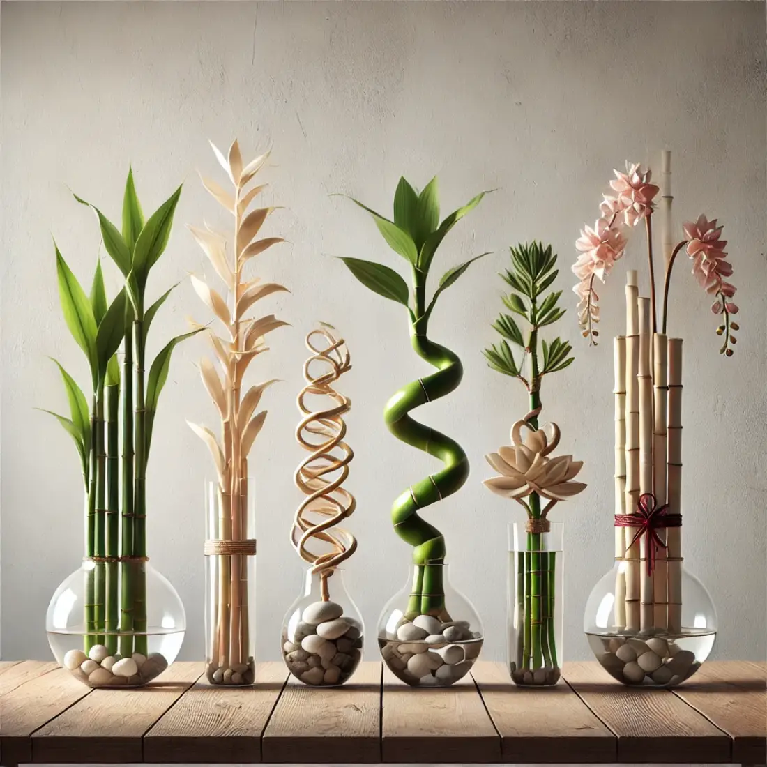 Four varieties of Lucky Bamboo in glass vases with pebbles and water on a wooden table against a white background: Straight, Curly, Braided, and Lotus.