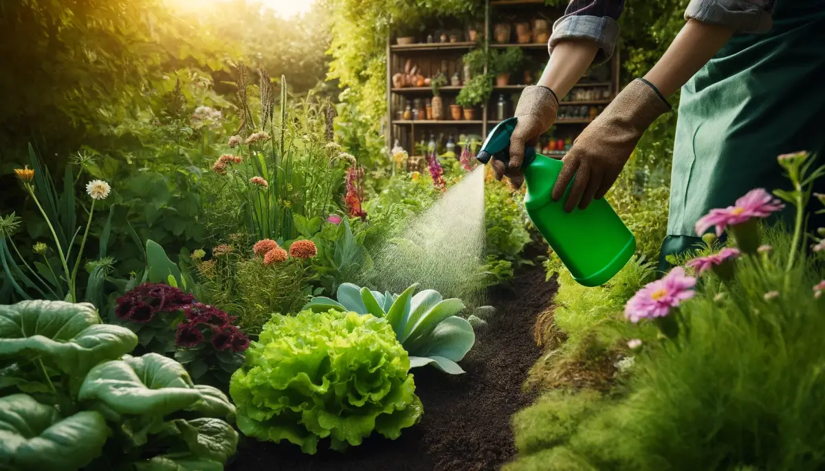 A gardener applies liquid seaweed to vibrant and healthy plants in a lush garden. The plants, including vegetables, flowers, and shrubs, exhibit rich green leaves and colorful blooms, showcasing the benefits of liquid seaweed.