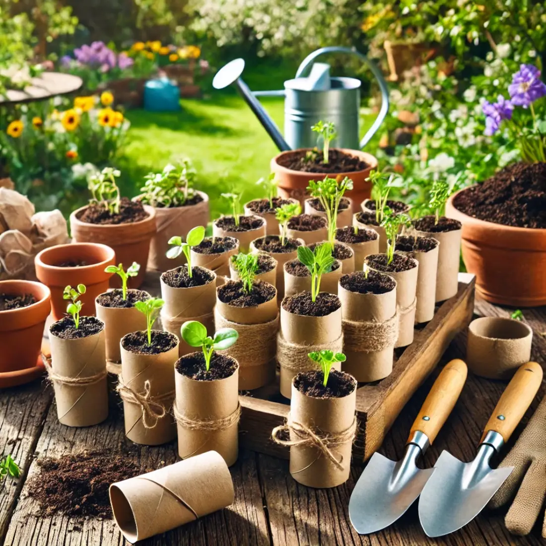 DIY gardening using toilet paper rolls as seedling pots, with sprouts, tools, and a sunny garden background.