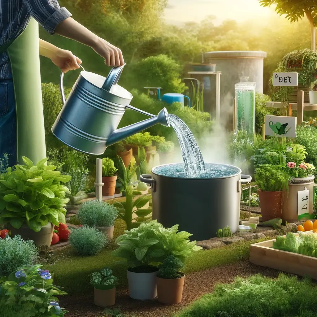 Person pouring cooled cooking water from a pot into a watering can to nourish thriving garden plants, surrounded by eco-friendly gardening tools and elements.