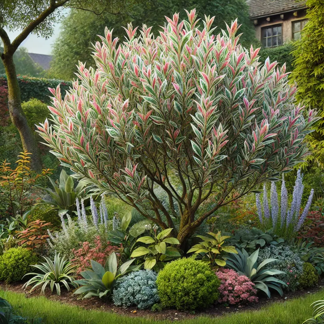 Realistic Variegated Dappled Willow shrub with pink, white, and green leaves in a vibrant garden, featuring arching branches, various Salix integra varieties, and small birds.