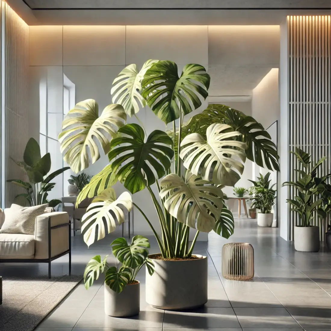 Indoor scene featuring a Variegated Monstera with large, marbled white and green leaves in a stylish pot, illuminated by bright, indirect light.