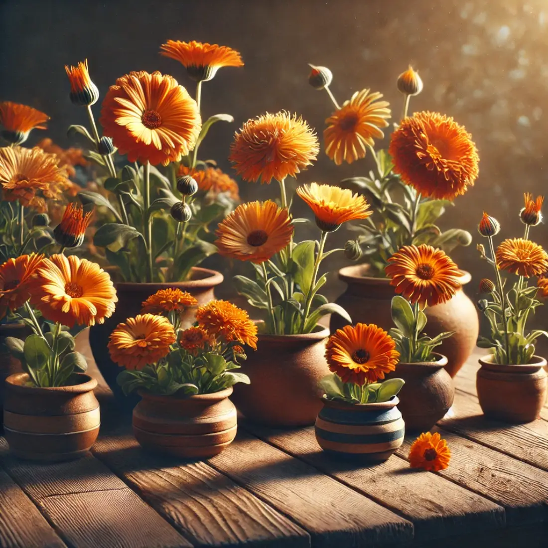 Different types of Calendula officinalis in small pots on a rustic wooden table, with vibrant orange and yellow blooms.