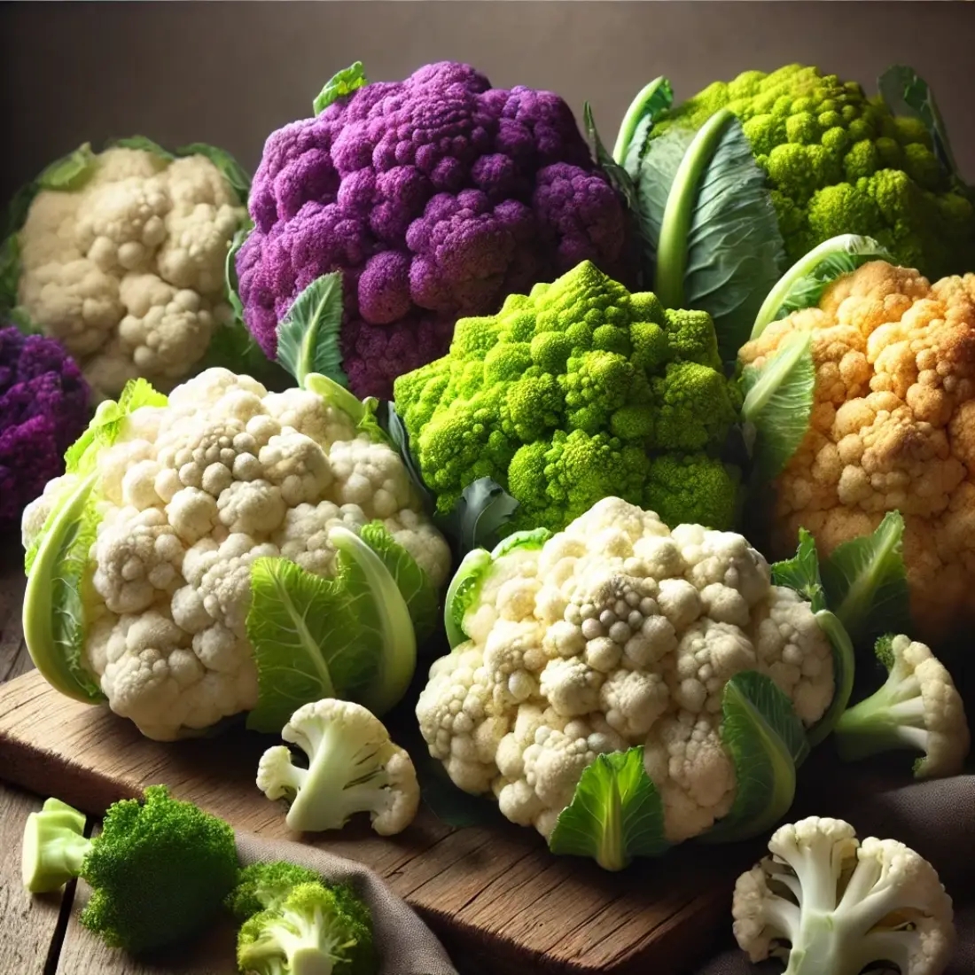 Three cauliflower varieties (white, purple, and orange) displayed on a rustic wooden table, showcasing their unique colors and textures.