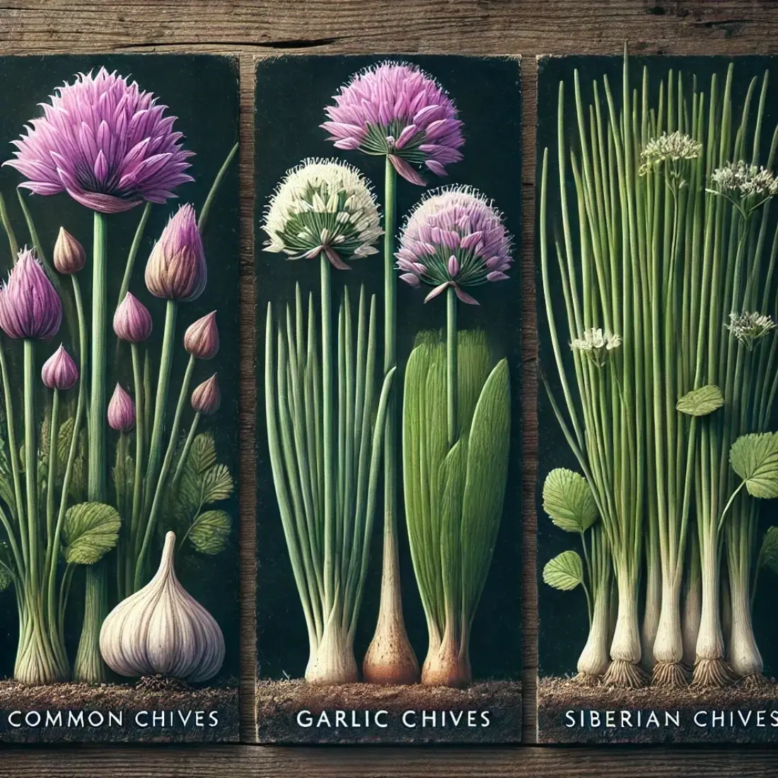 Three chive varieties with purple, white, and green stems, arranged side by side.