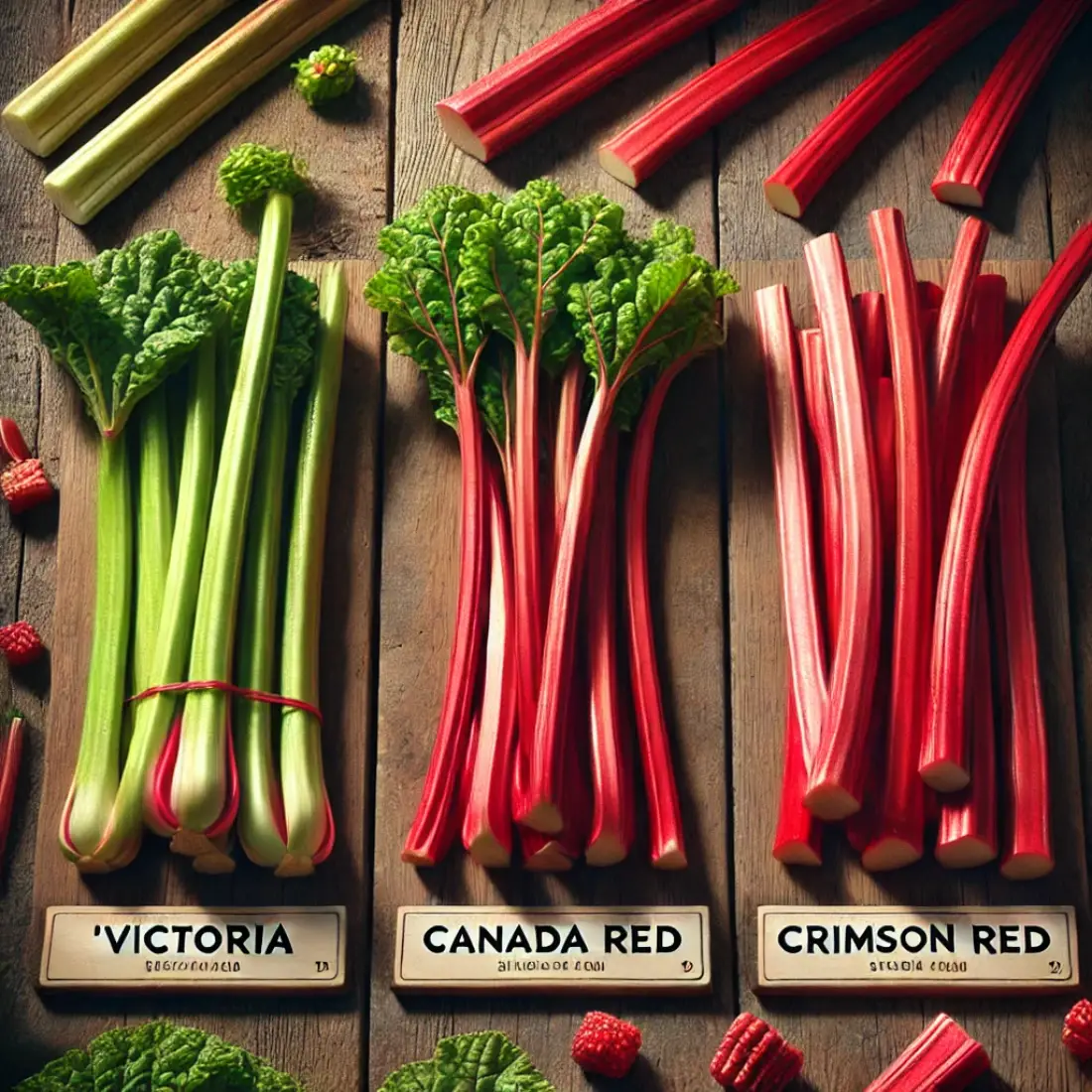 Three types of rhubarb stalks—Victoria with red-green stalks, Canada Red with bright red stalks, and Crimson Red with deep red stalks—placed on a rustic wooden table, each labeled with a small sign.