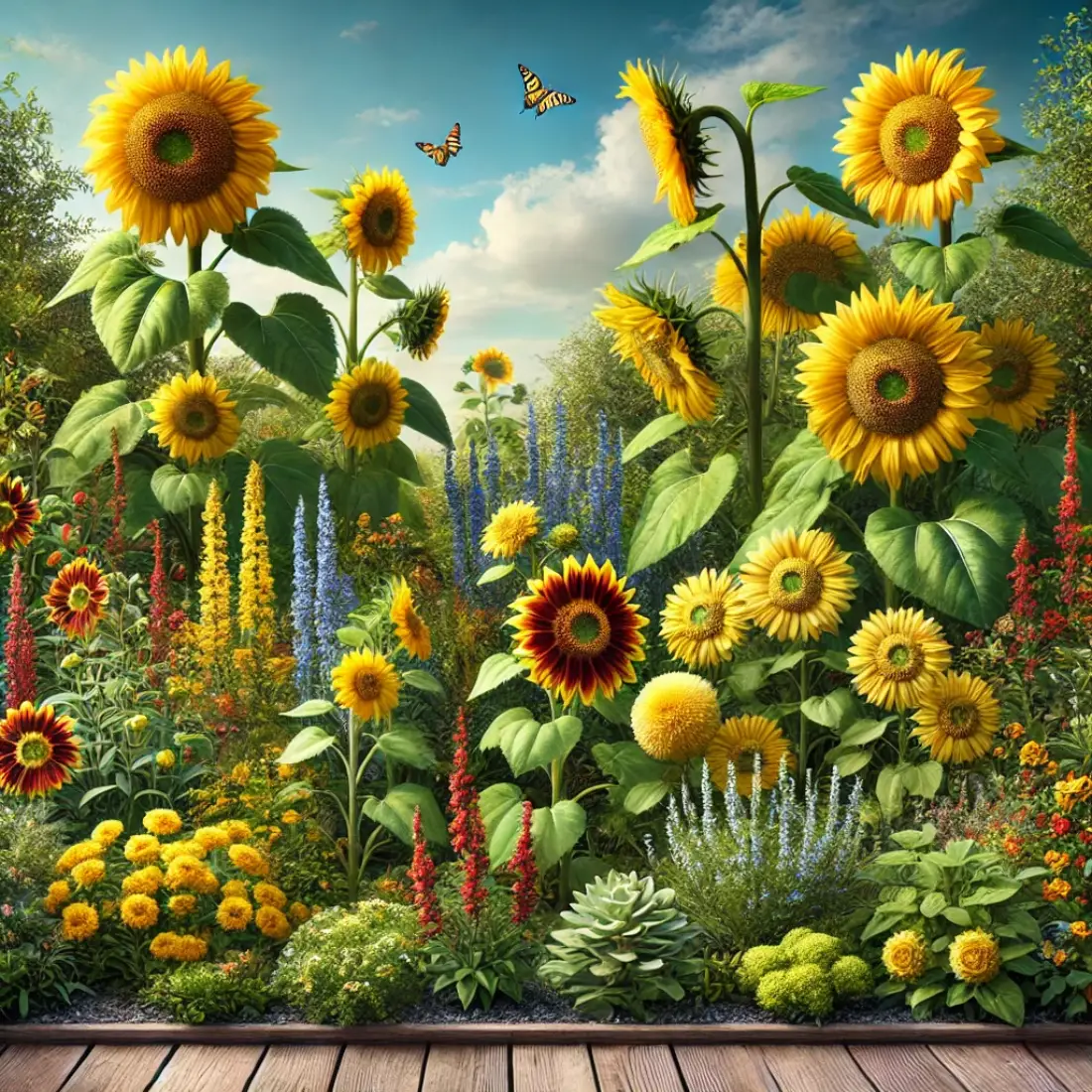 A lush small garden featuring Mammoth, Autumn Beauty, Teddy Bear, Lemon Queen, and Velvet Queen sunflowers, each with distinct vibrant blooms and surrounded by green foliage under a clear blue sky.