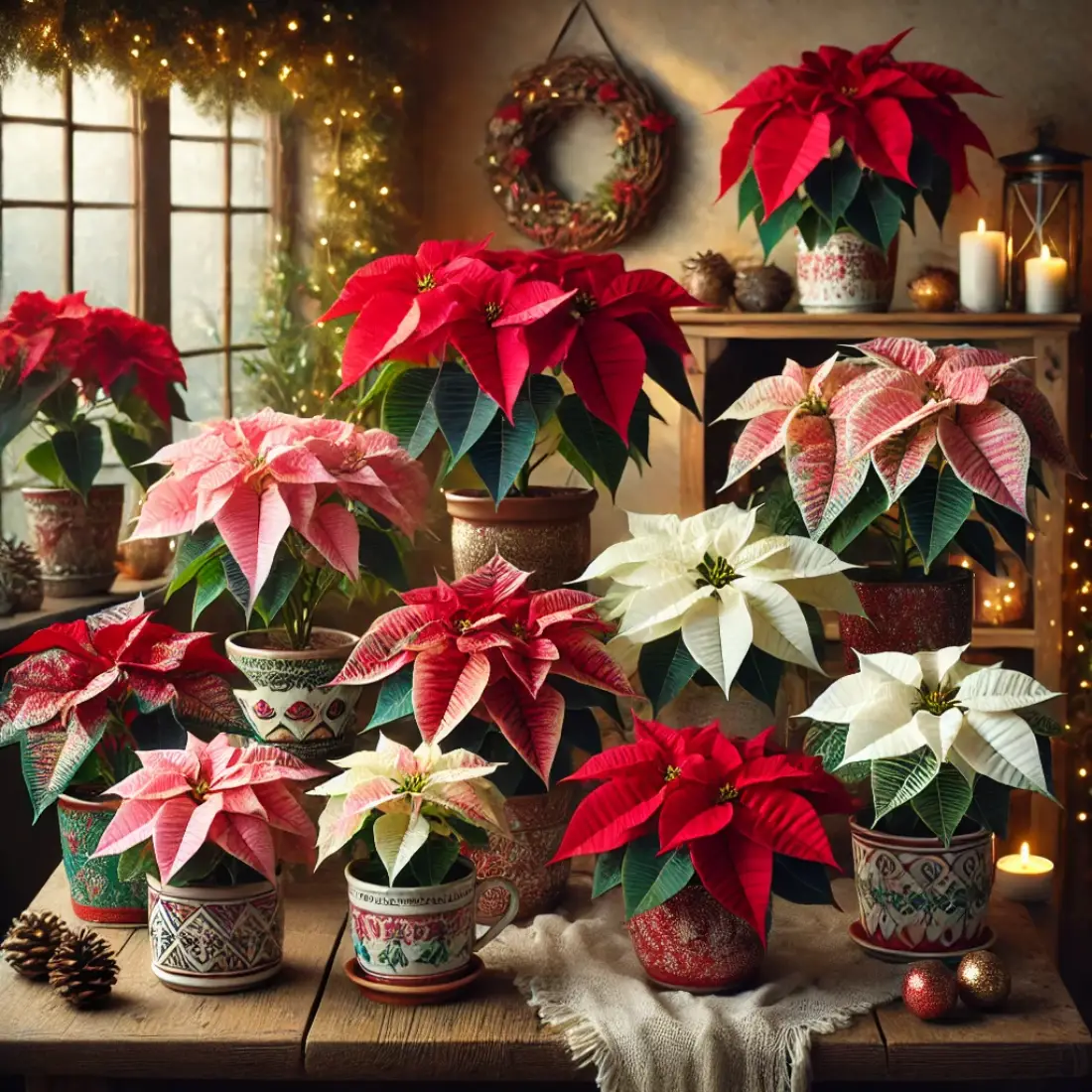 Arrangement of poinsettias in red, pink, white, marble, and speckled varieties in holiday pots, with Christmas decor on a cozy table.