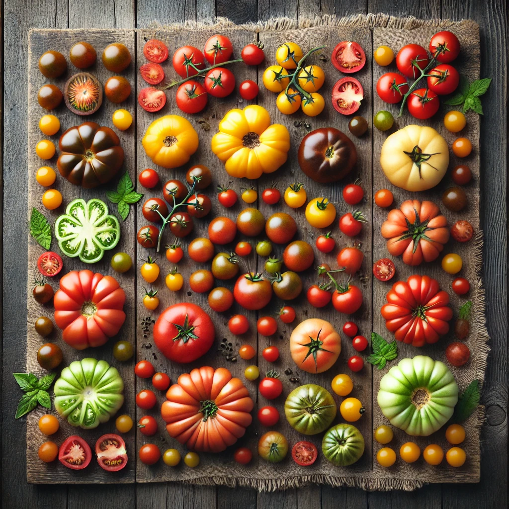 Different varieties of tomatoes, including heirloom, cherry, plum, and beefsteak, in various colors on a rustic wooden table.