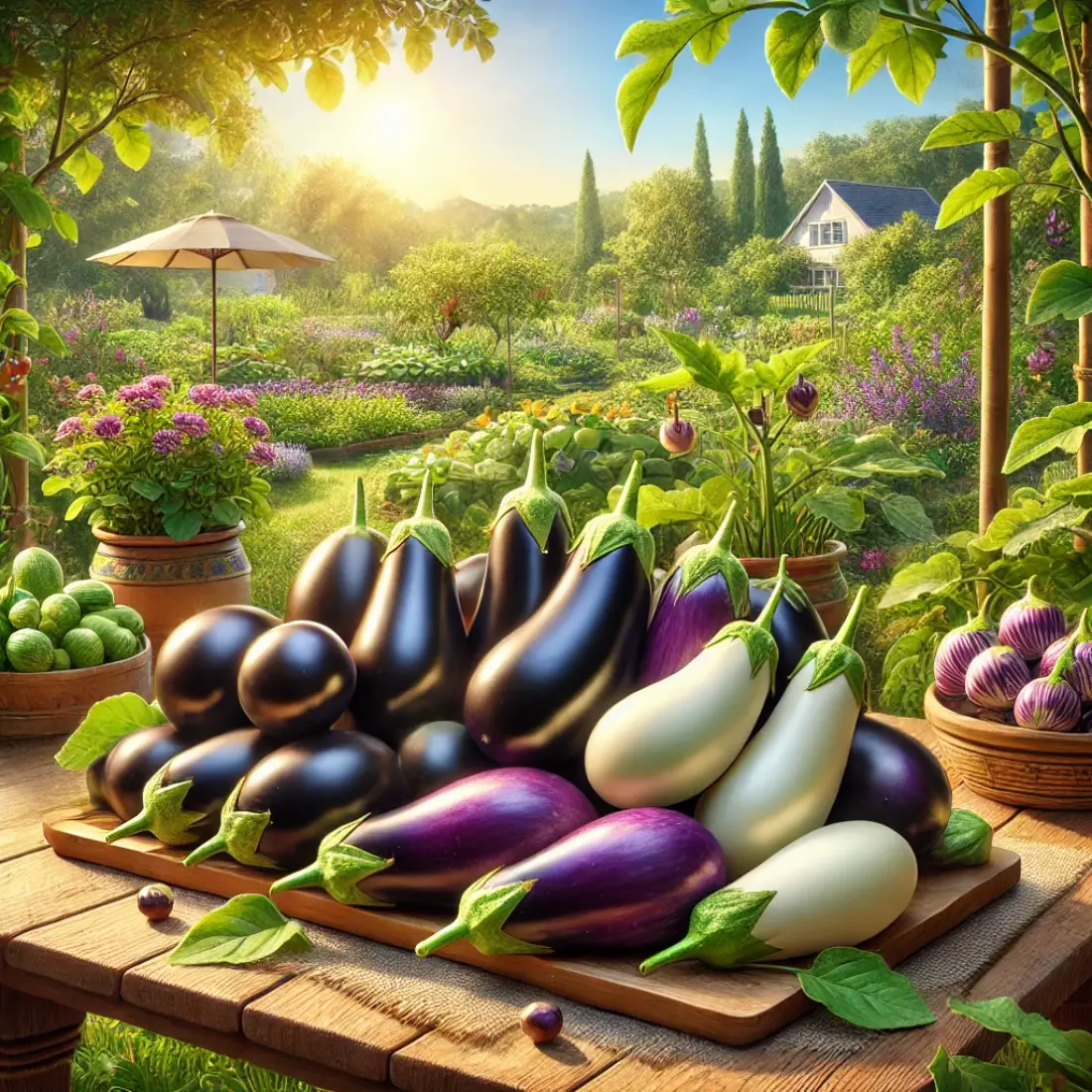 Realistic display of Black Beauty, Ichiban, and White eggplants arranged on a wooden table in a lush, sunlit garden with green foliage.
