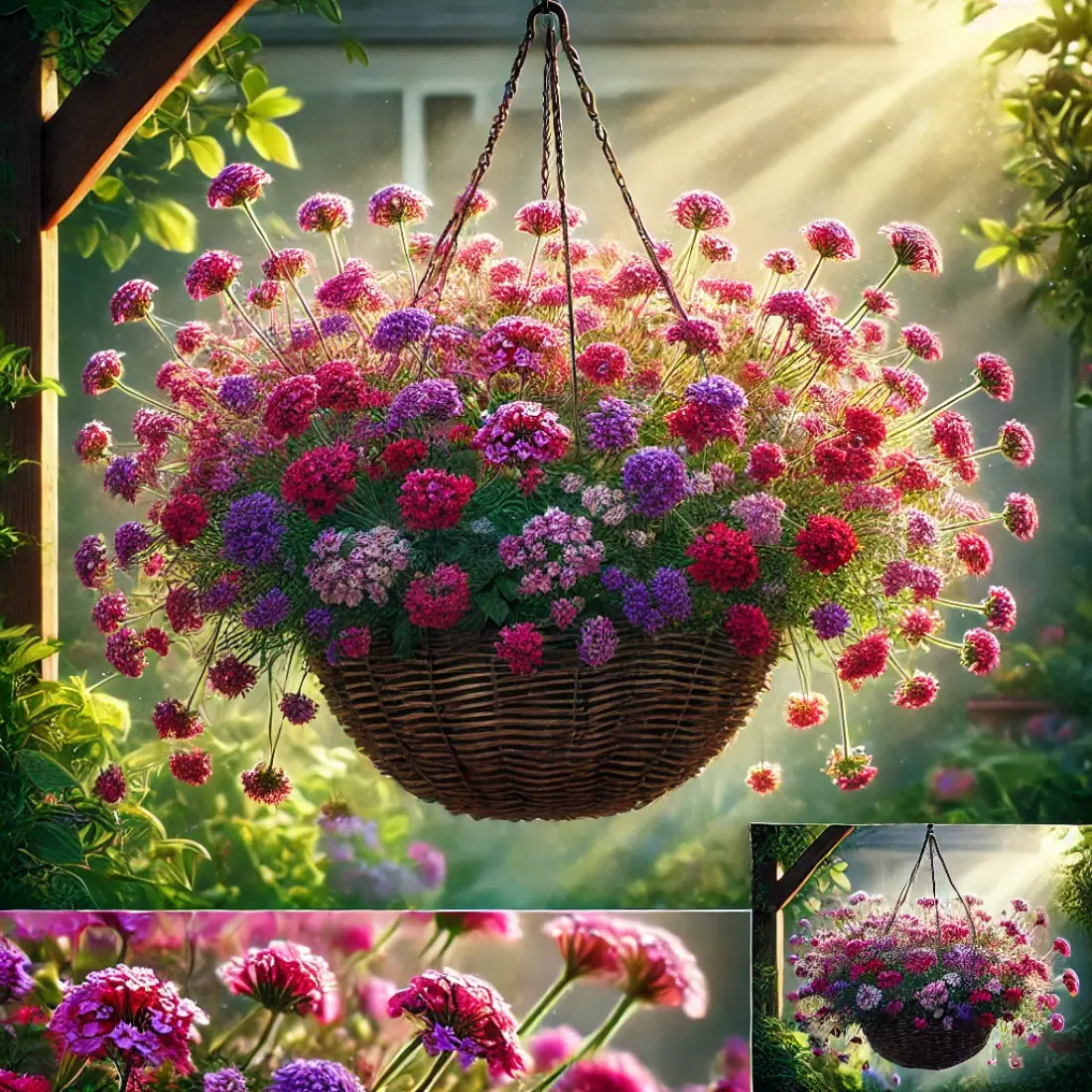 Hanging basket with clusters of small, vibrant verbena flowers in pink, purple, red, and white, thriving in full sunlight with green foliage.