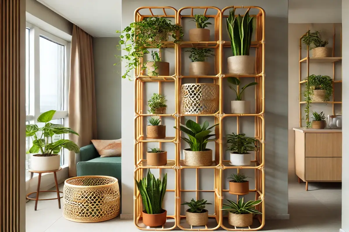 Minimalist vertical DIY plant cabinet crafted from bamboo and rattan, featuring multiple shelves arranged vertically, each holding potted plants like snake plants and pothos. The cabinet is placed in a compact apartment corner with modern, neutral-toned decor and natural light streaming in.