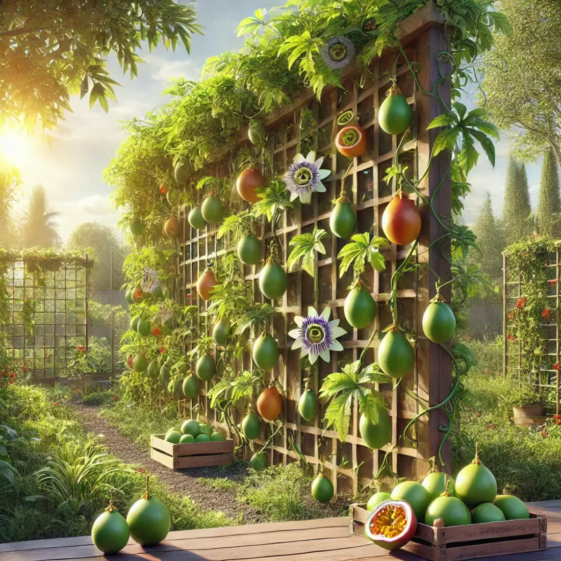 Realistic vertical garden with lush passionfruit vines, smaller fruits, and flowers supported by trellises in a sunny setting, ready for harvest.