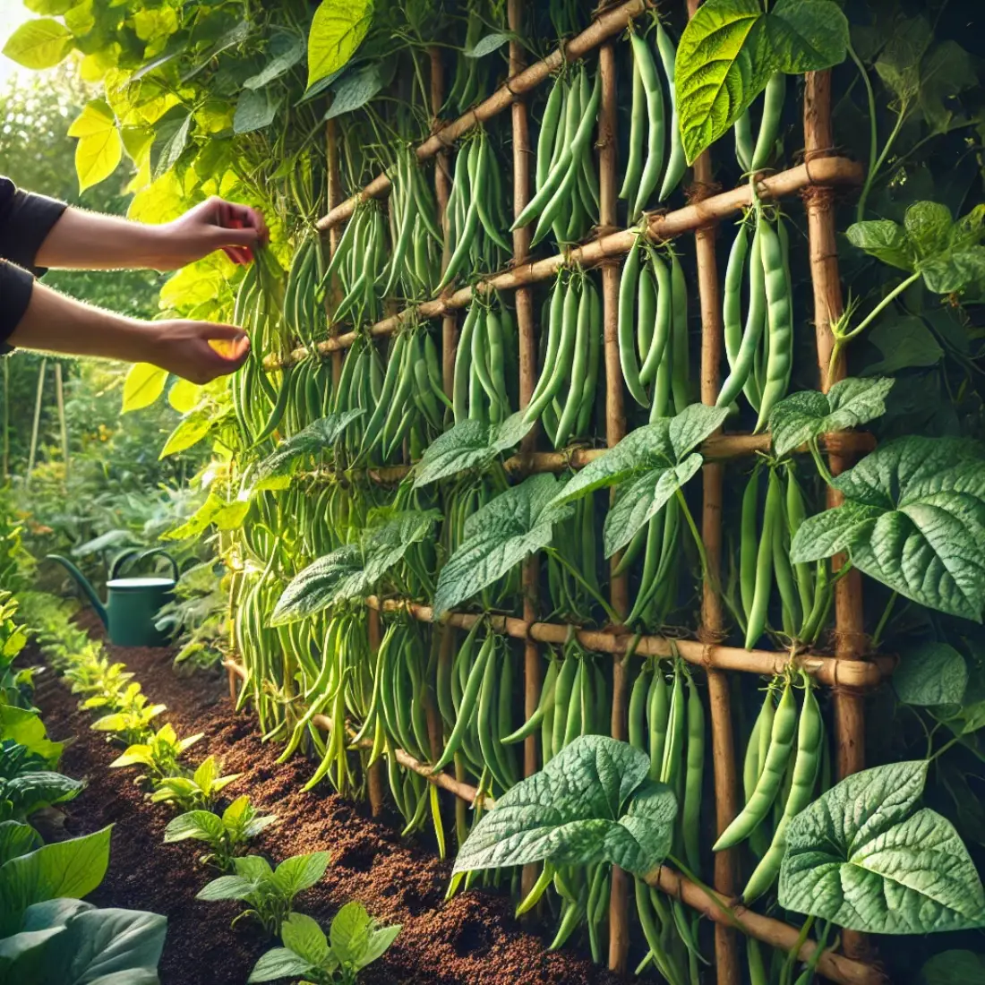 Lush vertical garden with healthy pole beans supported by a trellis, bathed in sunlight. A gardener's hand is harvesting firm, crisp beans.