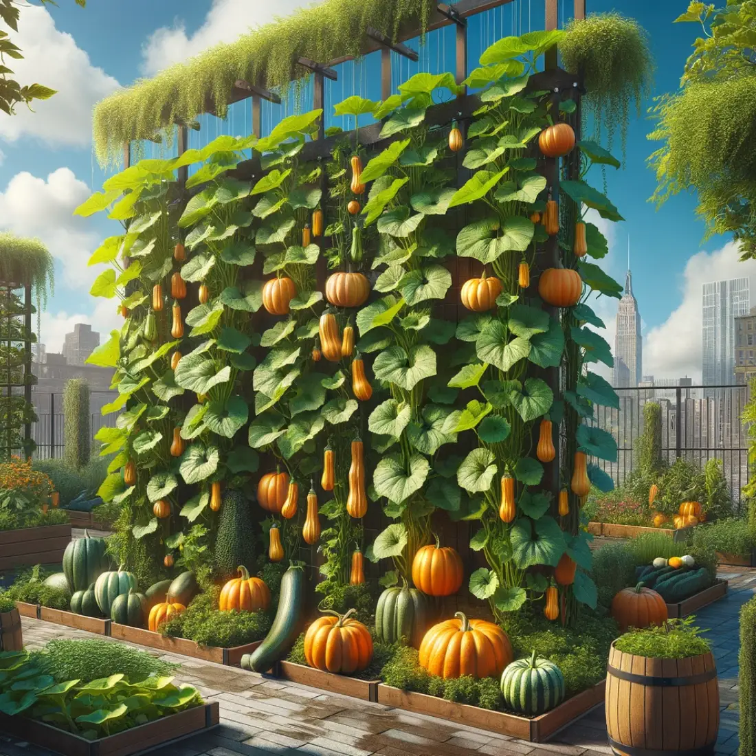 Vertical garden with lush pumpkin and squash plants, supported by trellises, featuring smaller, colorful fruits in a sunny urban setting.