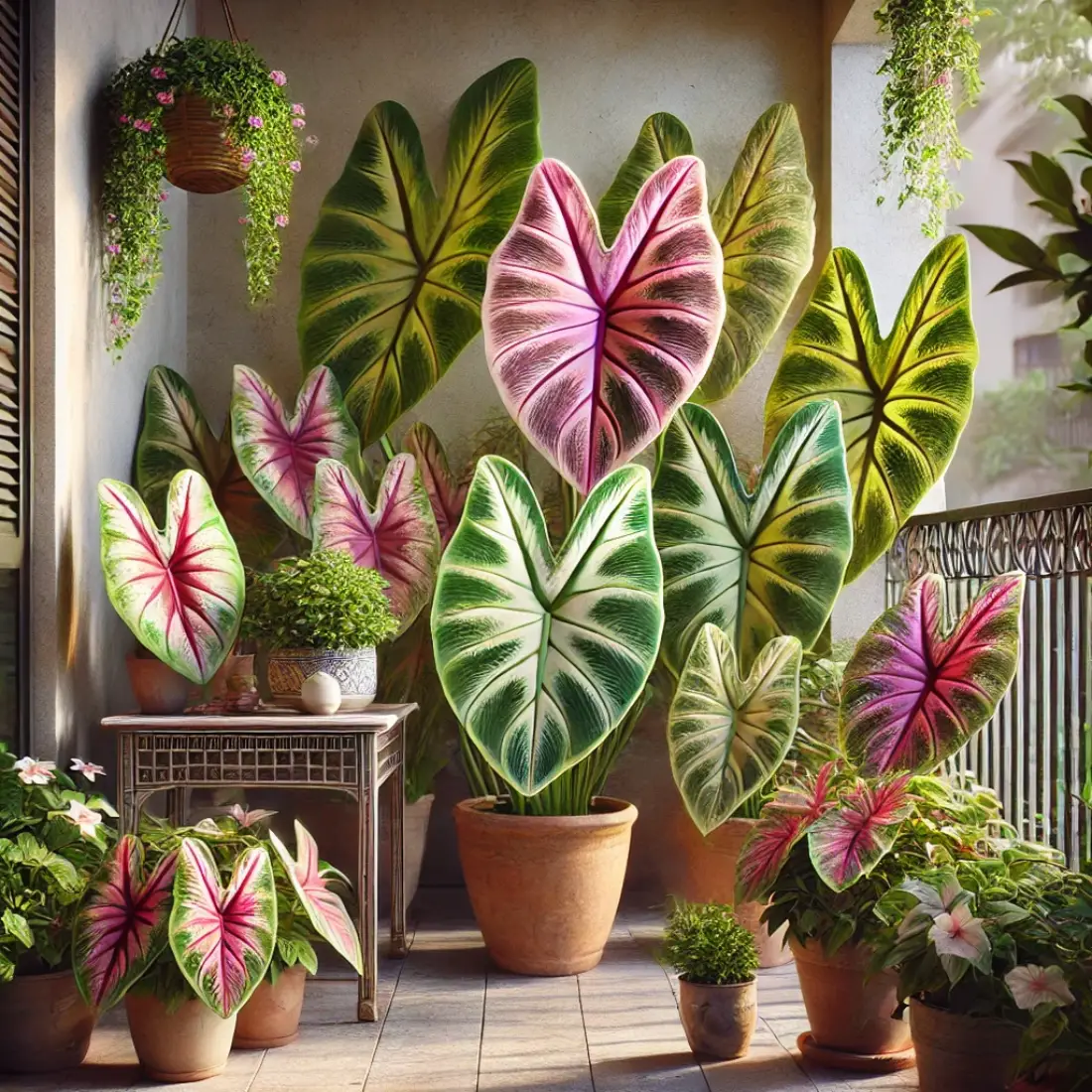 A cluster of Caladium plants with colorful leaves in green, pink, red, and white on a shaded balcony.