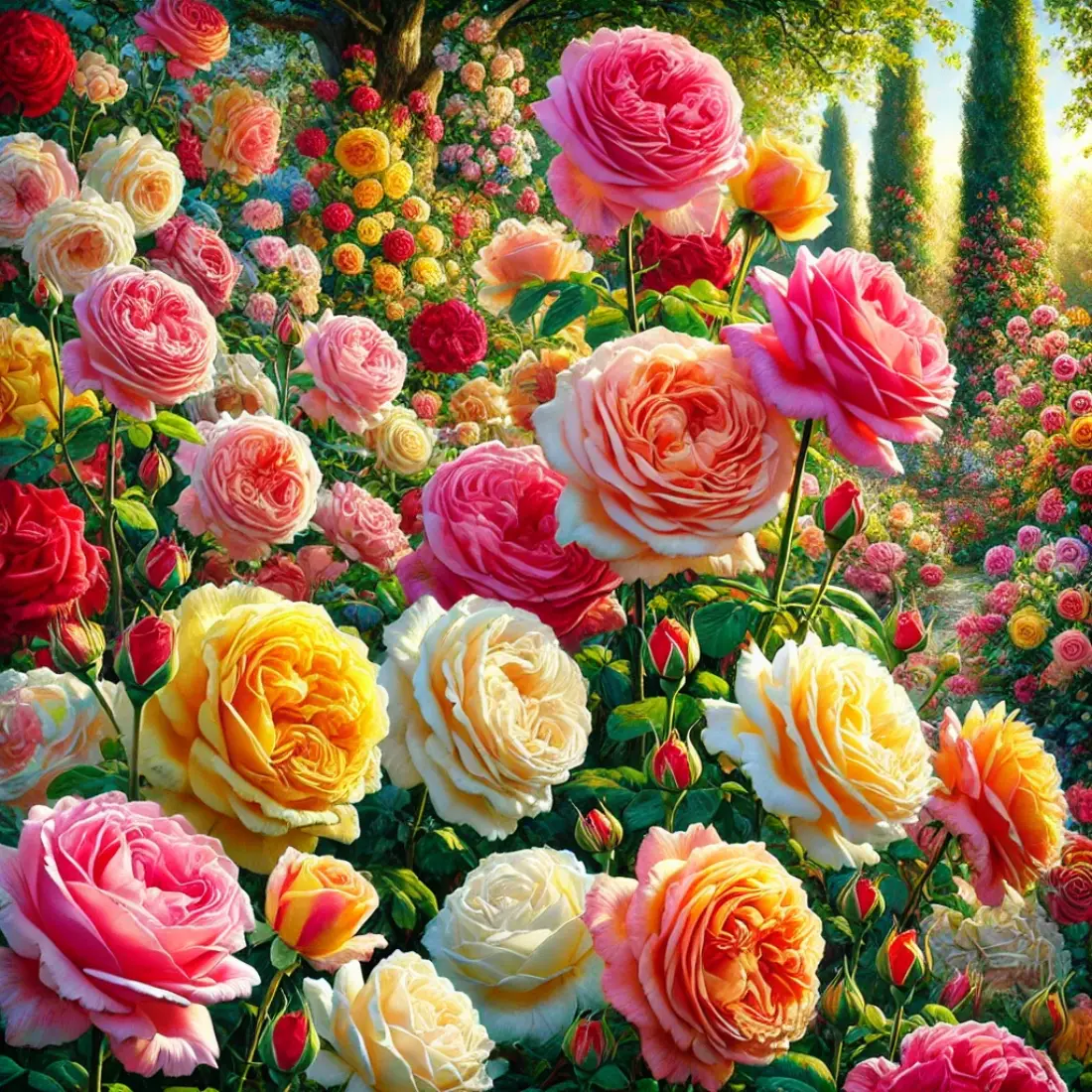 Grandiflora Roses in vibrant red, pink, peach, white, and yellow blooms, standing tall with lush green foliage in a bright garden.