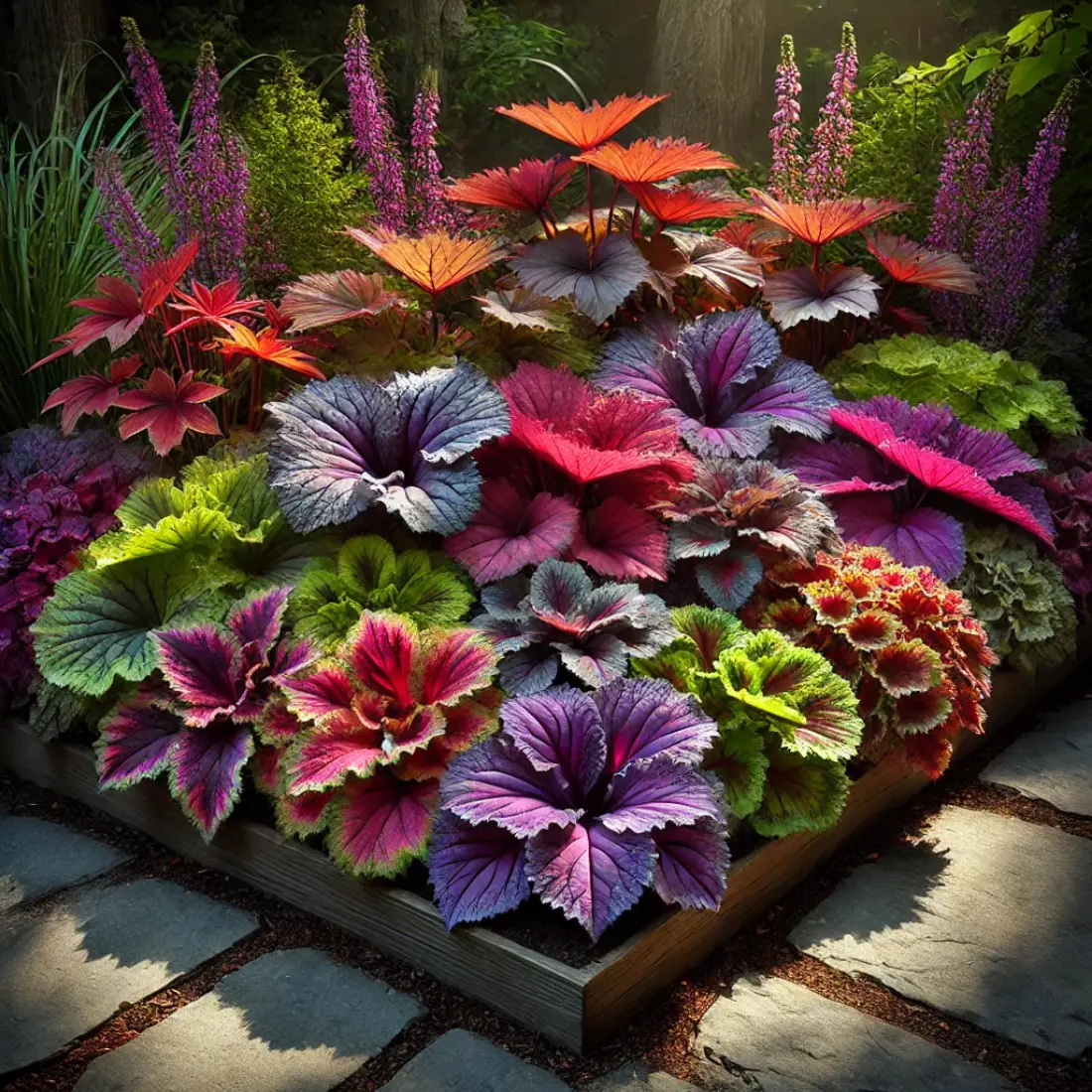 Shaded garden bed with Heucheras displaying colorful foliage in purples, reds, greens, and silvers under dappled sunlight.