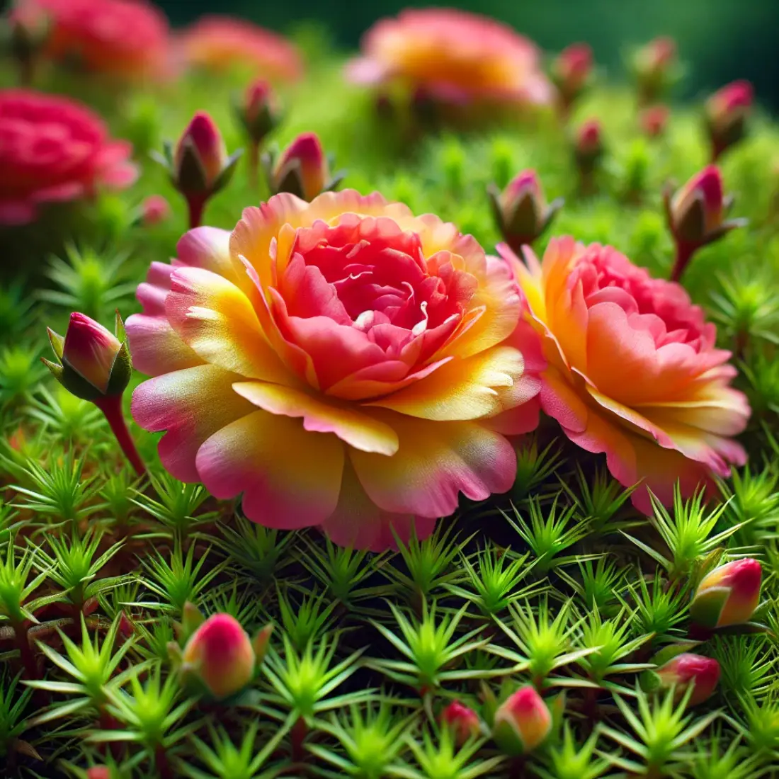 Portulaca grandiflora, or Moss Rose, with vibrant pink, yellow, red, and orange ruffled flowers on moss-like foliage in a sunny garden.