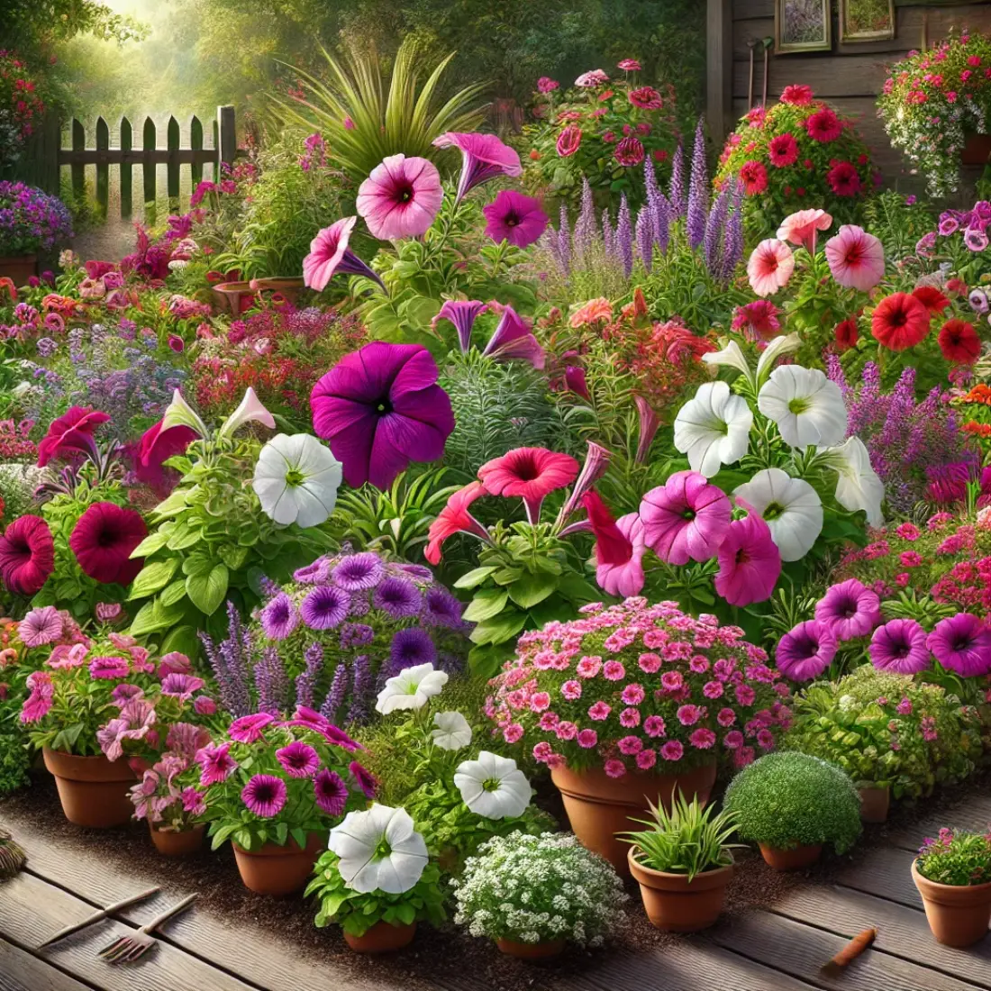 A colorful garden with pink, purple, white, and red petunias, showcasing trailing and bushy varieties, with rich soil and garden tools, against a wooden fence and garden path background.