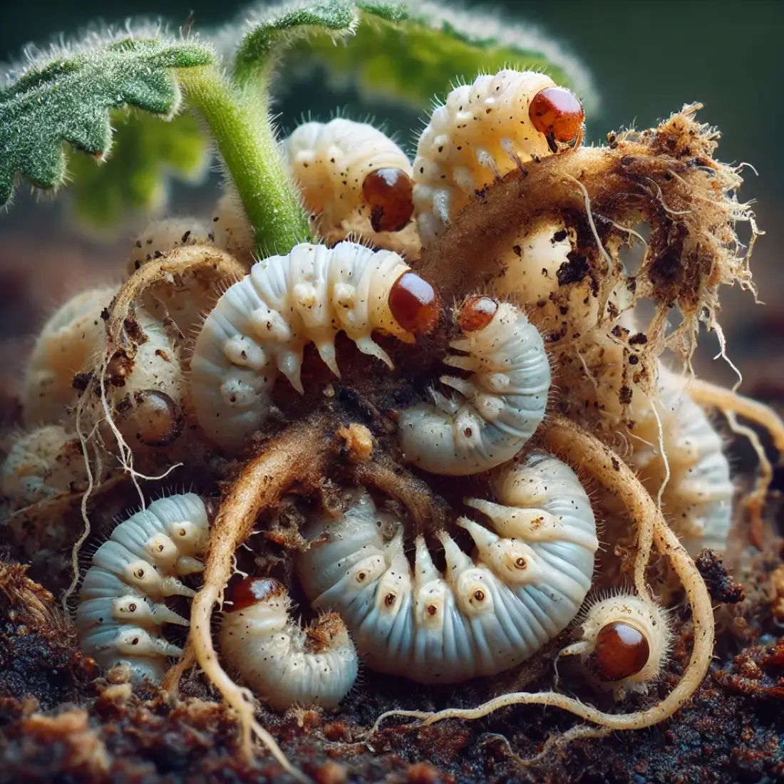 Detailed close-up of vine weevil larvae, white and C-shaped with brown heads, feeding on exposed and damaged plant roots in soil.