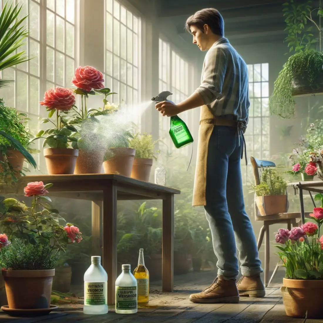 Gardener spraying vinegar fungicide on potted plants in an indoor garden, treating fungal diseases on roses with natural light streaming through large windows.