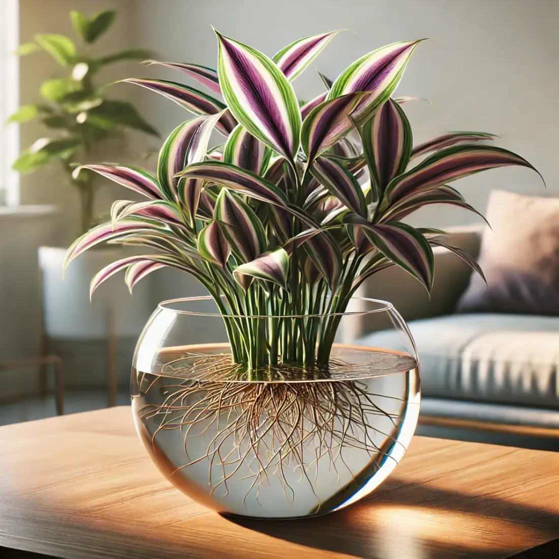 Wandering Jew plant with vibrant purple, green, and silver leaves growing in a clear glass water bowl on a wooden table, illuminated by indirect sunlight.