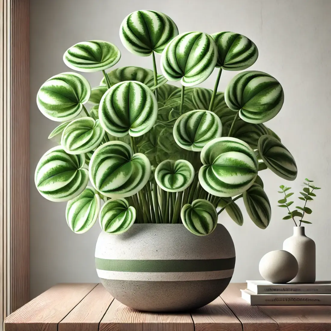 Watermelon Peperomia with glossy green and silver striped leaves in a modern planter on a wooden shelf, bathed in soft, indirect light.