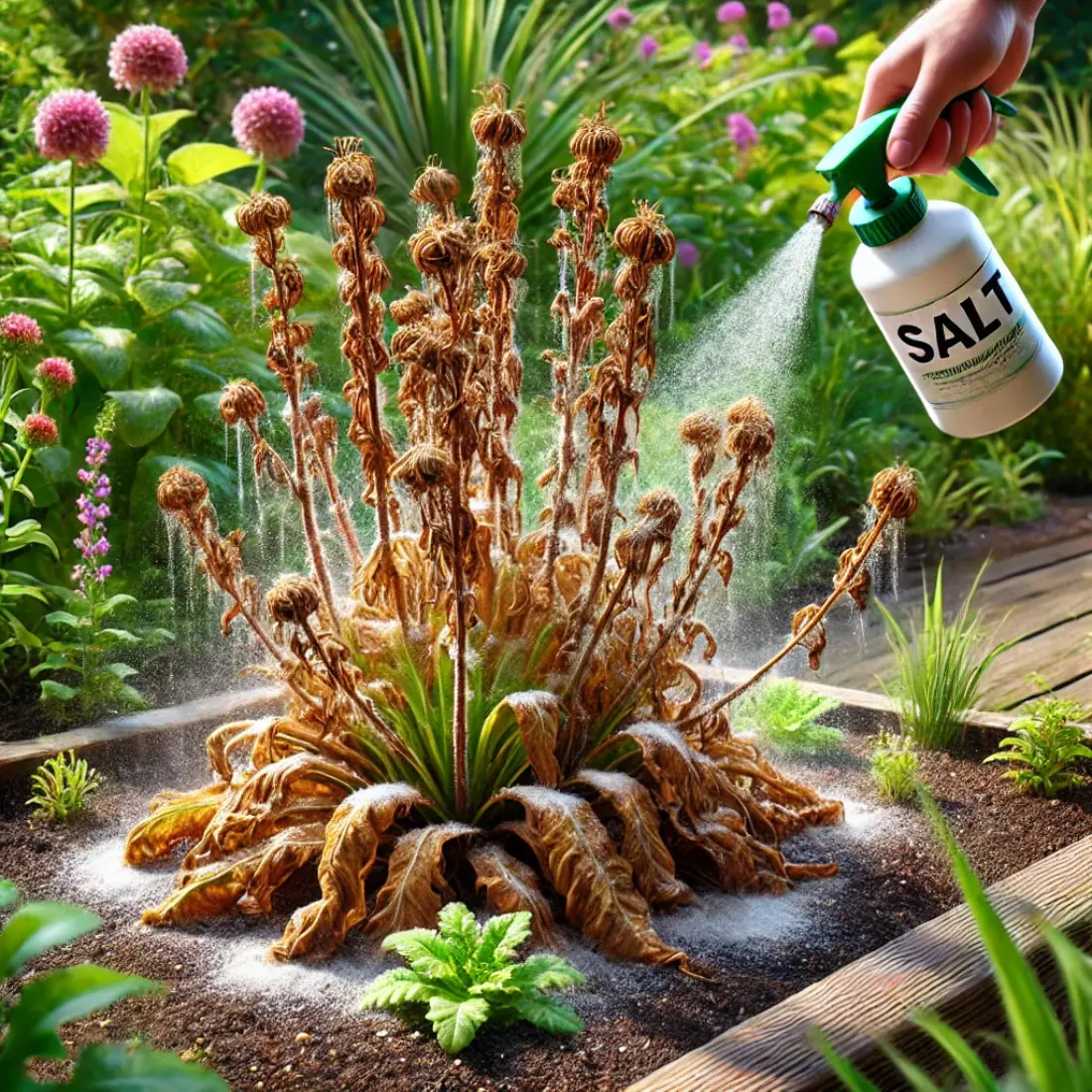 Dehydrated, shriveled weeds with brown leaves in a garden after salt treatment, surrounded by lush green plants and colorful flowers, with a spray bottle nearby.