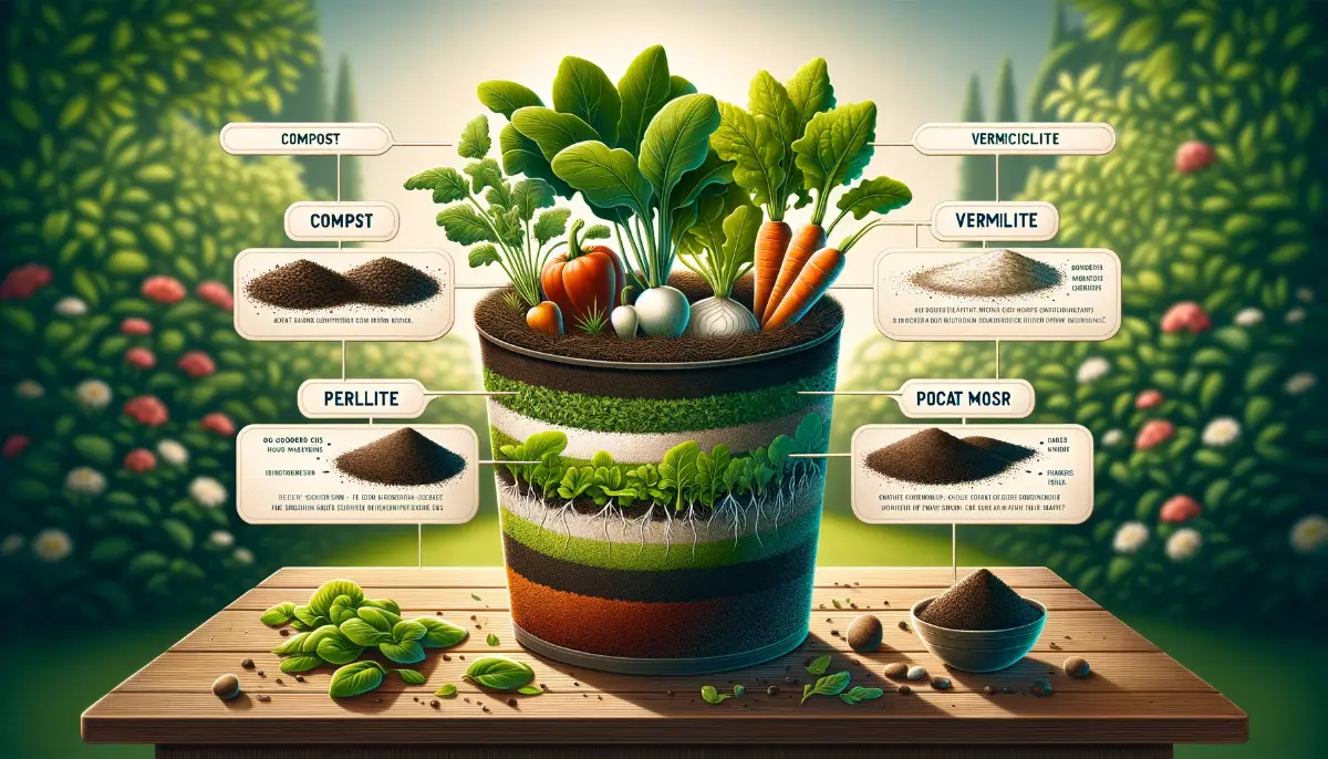 An image showcasing a pot with a blend of compost, perlite, vermiculite, peat moss, and coco coir, with thriving vegetables above, in a garden setting