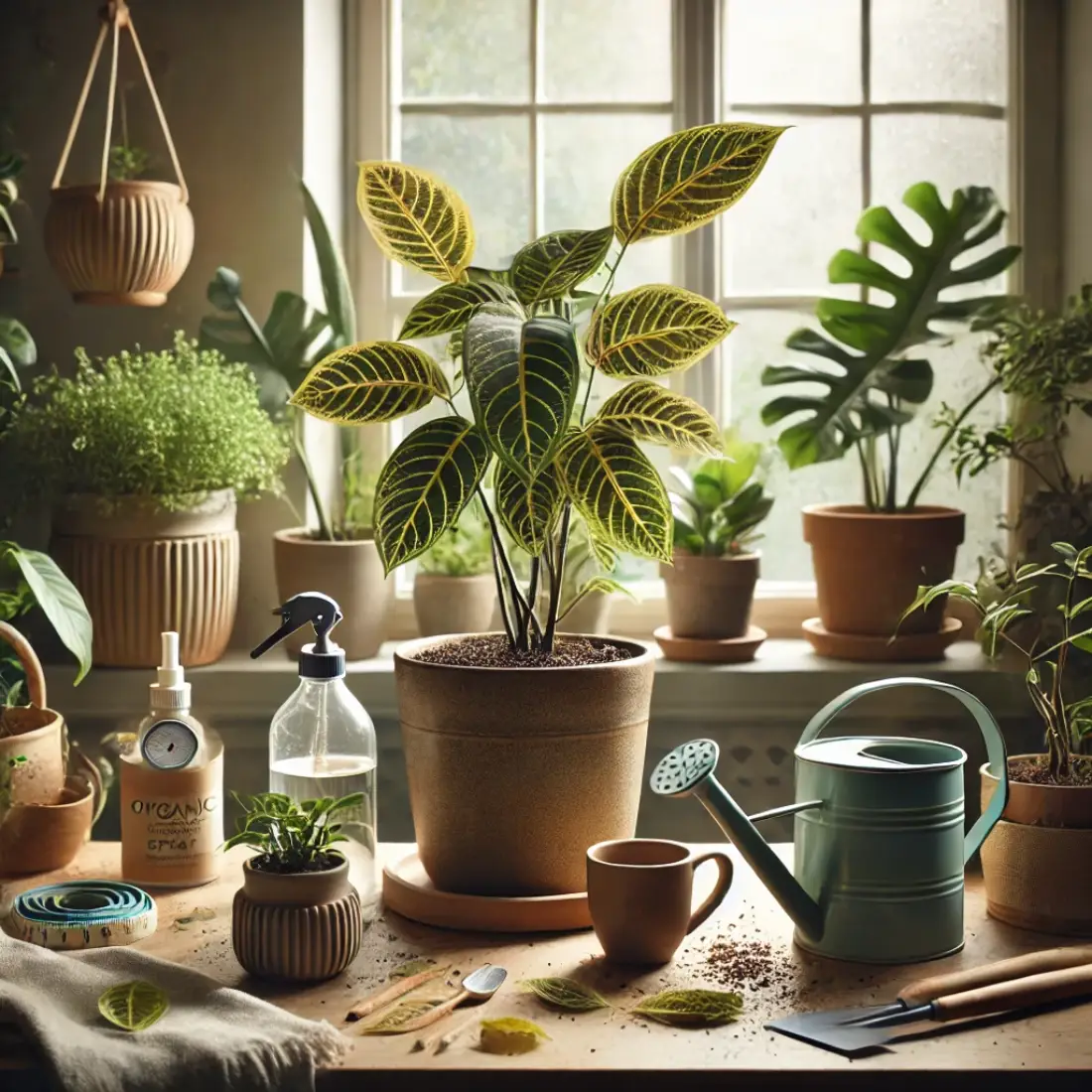 Cozy indoor garden with houseplants, including one with fallen leaves, surrounded by a watering can, spray bottle, and natural light.