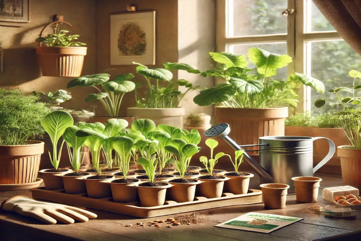 Indoor gardening setup with vegetable seedlings growing in biodegradable pots on a sunny windowsill. Natural light highlights the vibrant green leaves, while gardening tools like a watering can, gloves, and seed packets are neatly arranged nearby. The background features a warm, cozy home interior with earthy tones, creating a serene and inviting atmosphere.