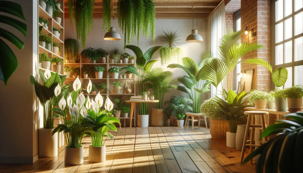 Realistic photo of a cozy indoor setting filled with lush air-purifying plants like Peace Lilies, Bamboo Palms, and Dracaenas, showcasing a vibrant, purified environment