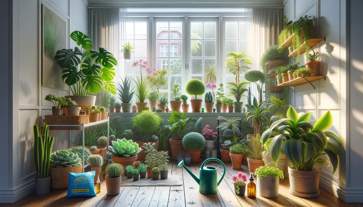 Bright indoor garden with succulents and tropical plants thriving and some wilting, showcasing the joys and challenges of plant care.