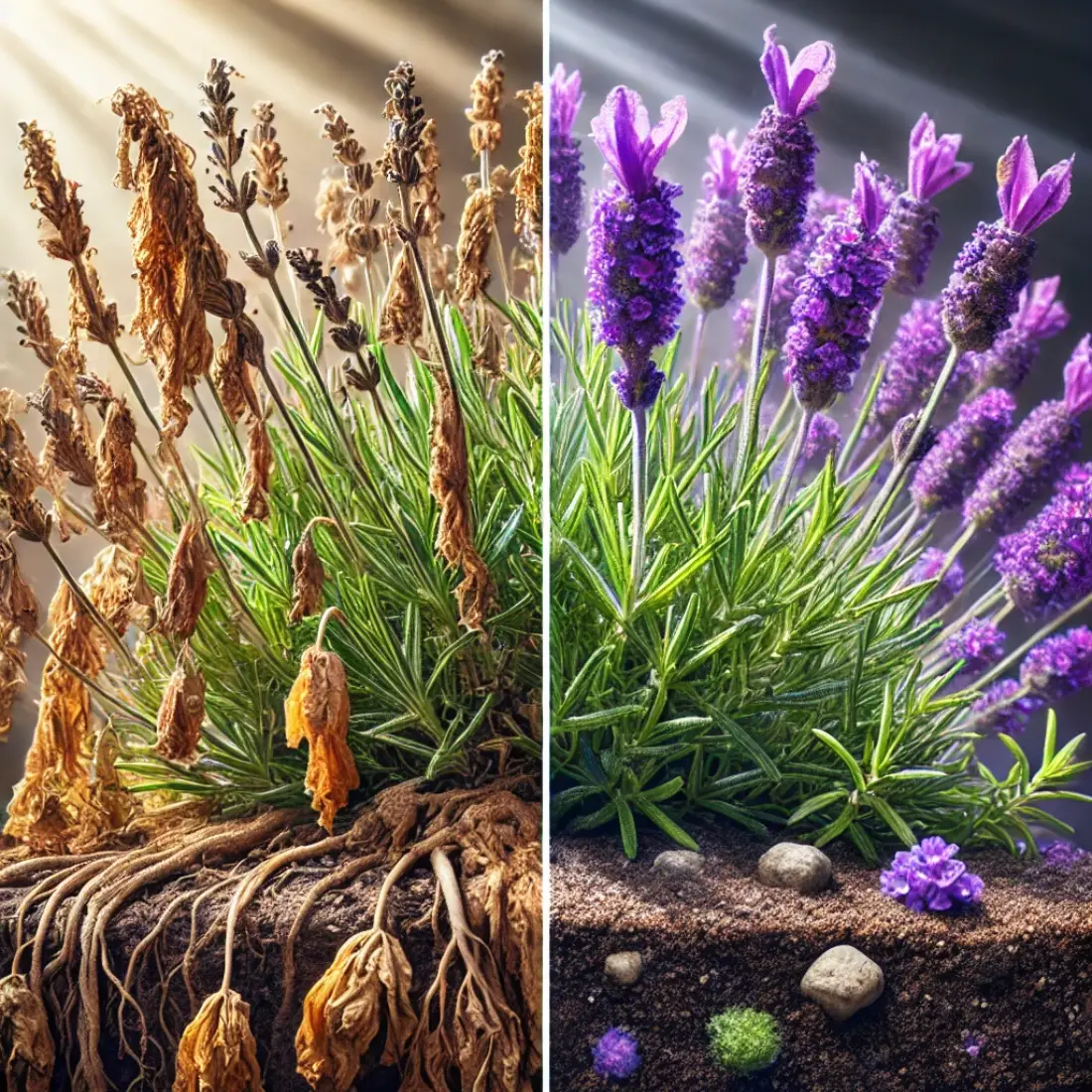 Side-by-side comparison of two lavender plants. The left side shows a struggling lavender plant with yellowing, drooping leaves, sparse flowers, and compacted, overwatered soil. The right side displays a healthy lavender plant with vibrant purple blooms, lush green leaves, and well-draining sandy soil with small rocks. The background contrasts the conditions, with bright sunlight on the healthy plant and dim, shaded light on the struggling one.