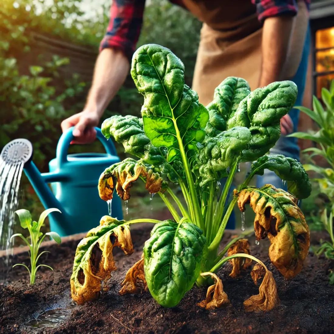 Wilting spinach plant with drooping leaves in a garden, with a gardener improving soil drainage and adjusting watering methods.