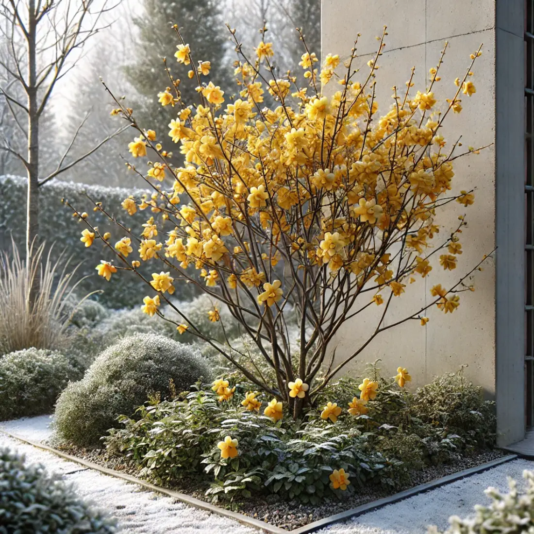 Winter Jasmine plant with bright yellow flowers on bare stems in a winter garden, with light frost on the ground and a mix of sun and shade.