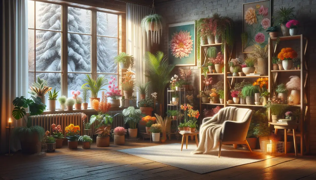 Warmly lit living room filled with winter-blooming houseplants like Jasmine and Amaryllis, creating a cozy indoor garden oasis.